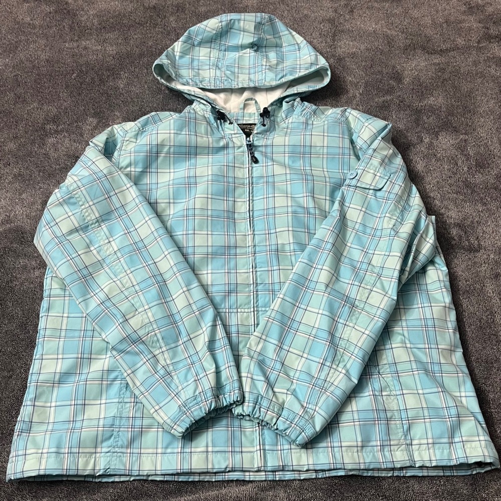 Eddie Bauer Womens XL Blue Plaid Hooded Windbreaker Jacket Cotton Lined Full Zip